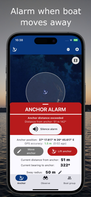 Alarm when boat moves away